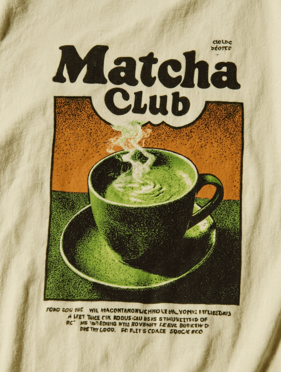 Matcha Club t-shirt with a steaming cup of matcha