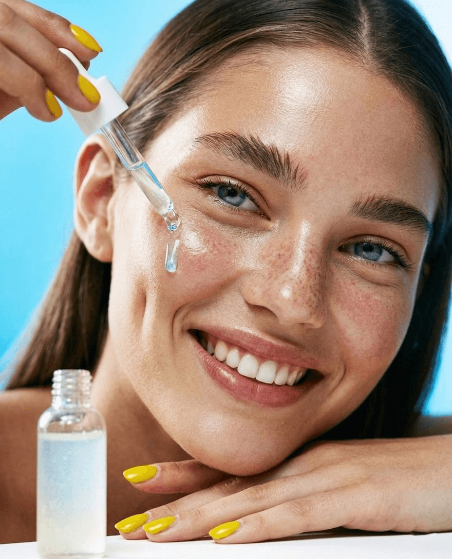 Woman applying serum with dropper to face.