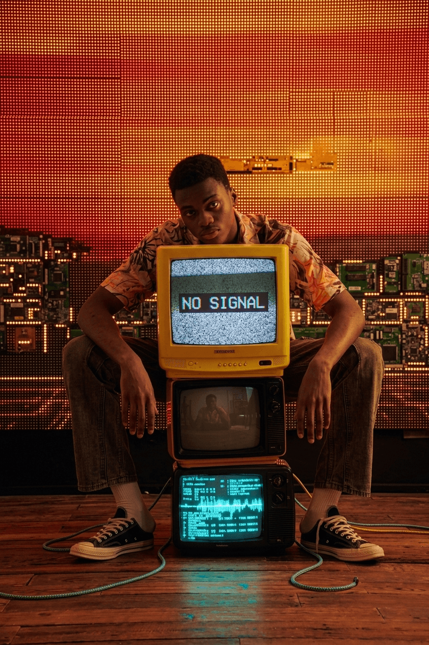 Man sitting on stacked televisions with "NO SIGNAL" displayed.
