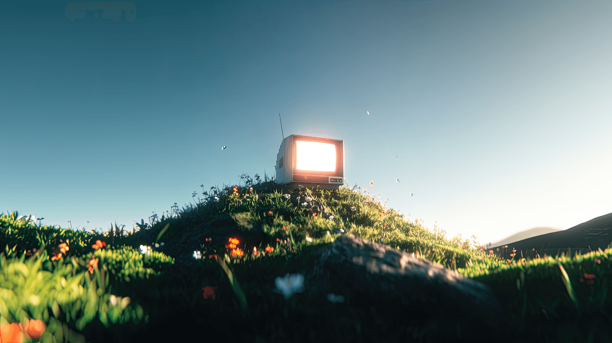Glowing vintage TV on a grassy hill