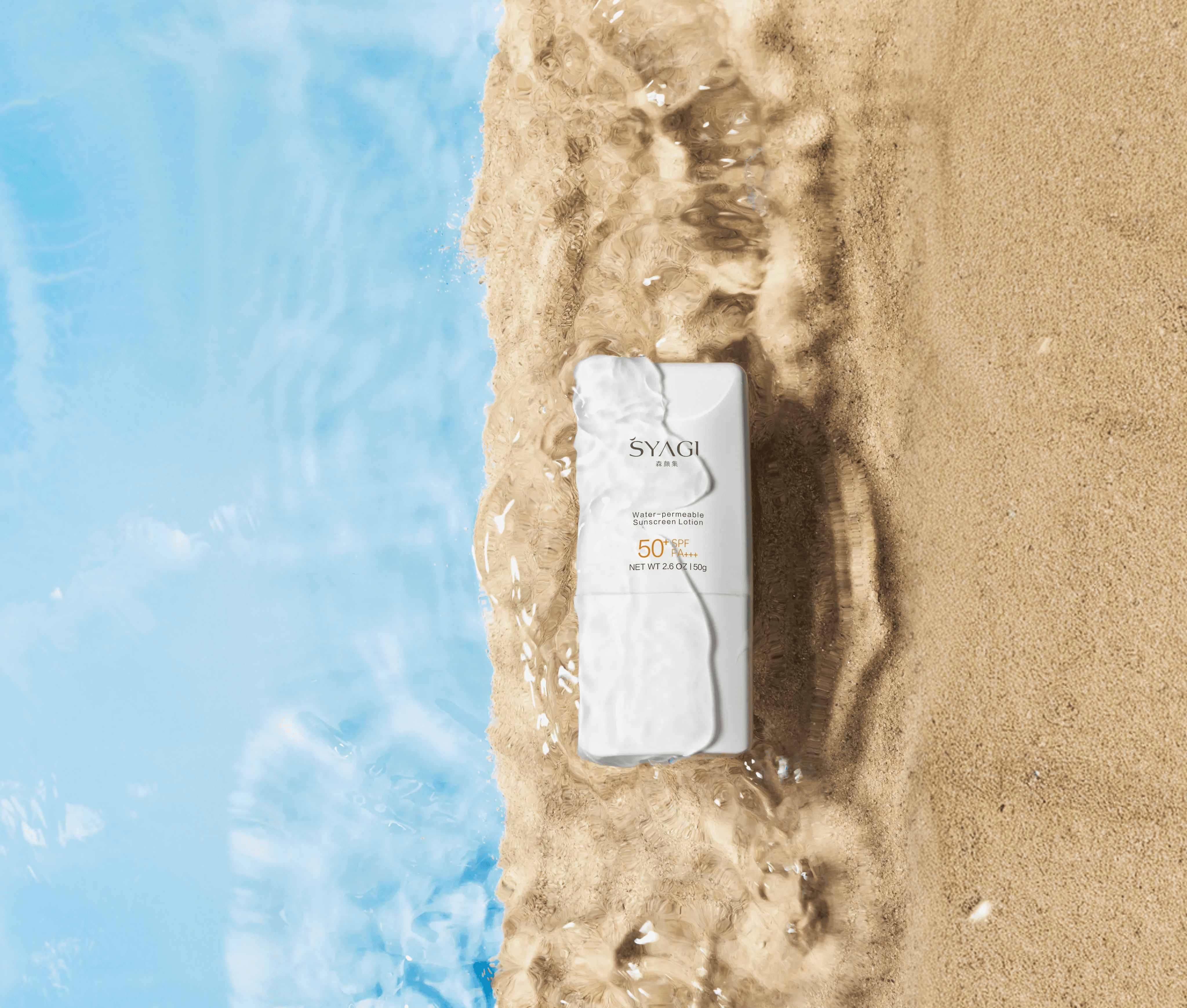 SYAGI SPF 50++ sunscreen lotion on sand with water