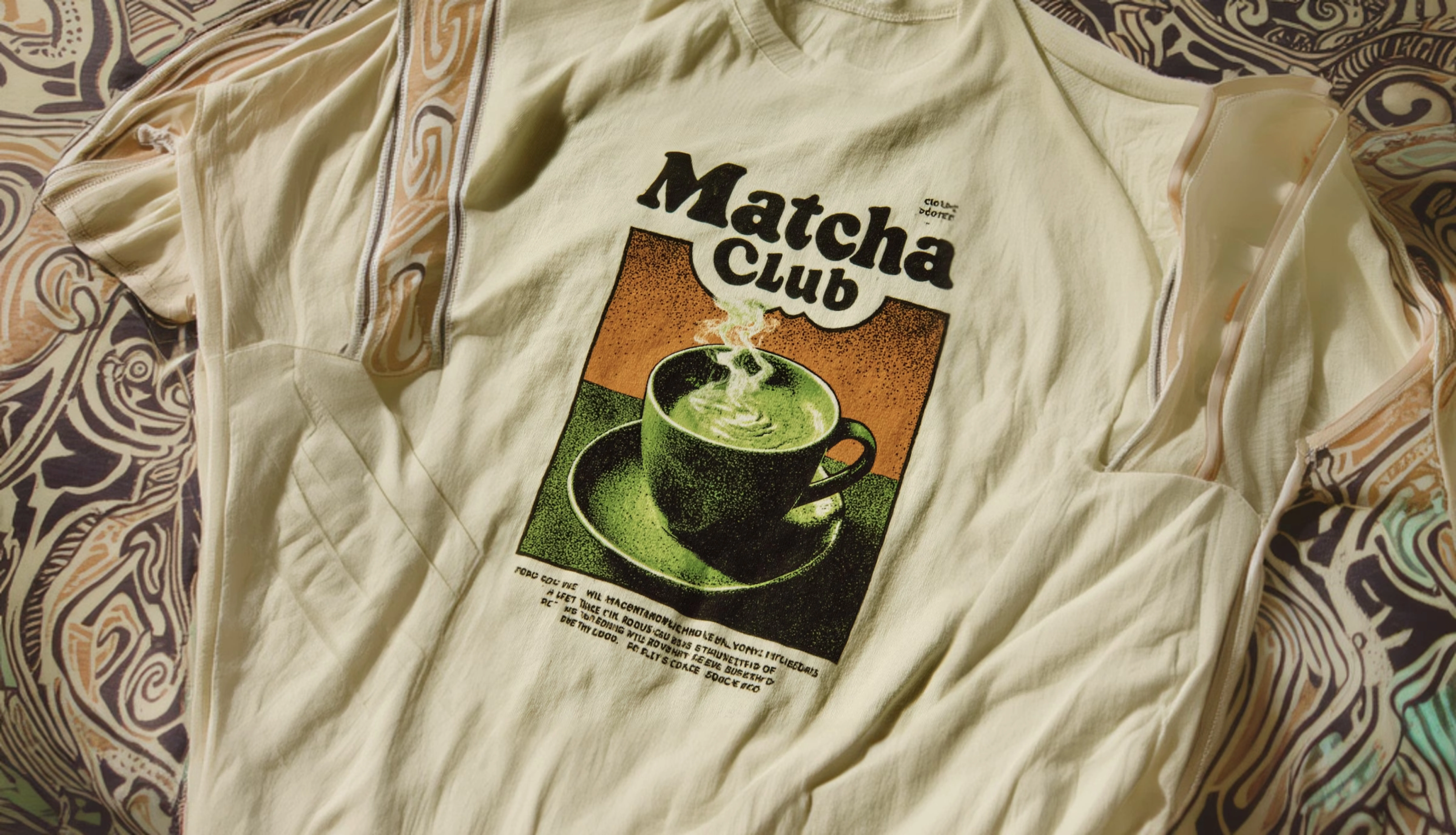 Cream t-shirt with a "Matcha Club" graphic.