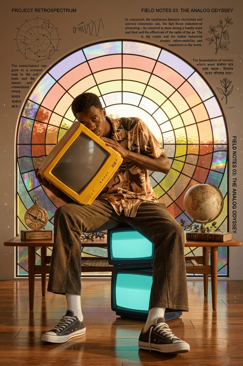 Man holding a yellow TV, sits on stacked TVs.